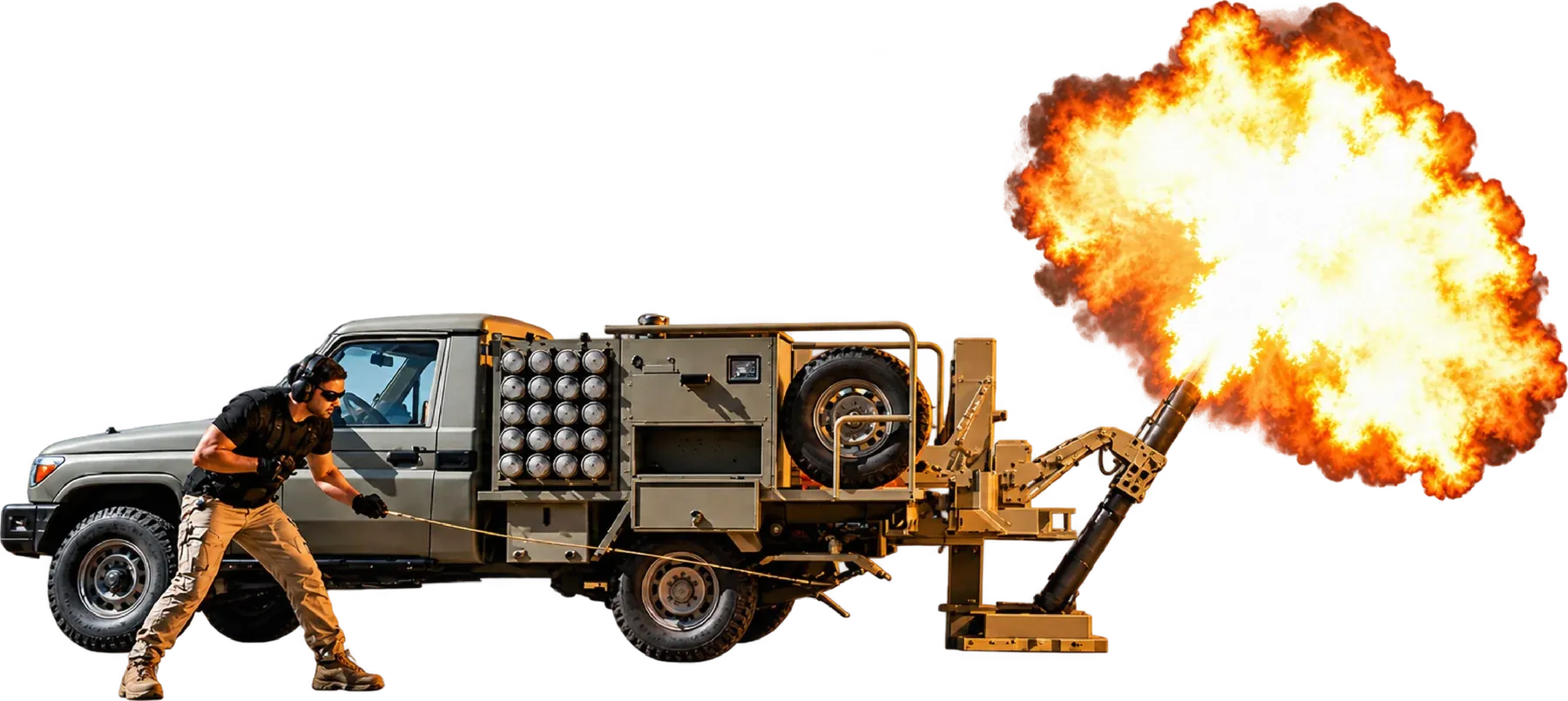 Operator firing the AMS mortar from a pickup truck