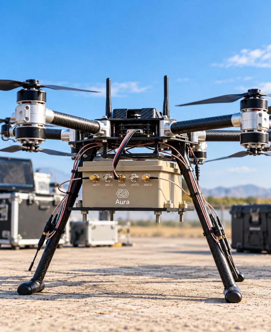 Drone carrying the Aura anti-jam unit