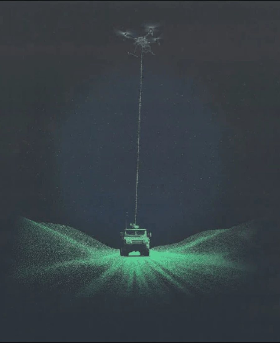 Tethered drone hovering above a vehicle at night
