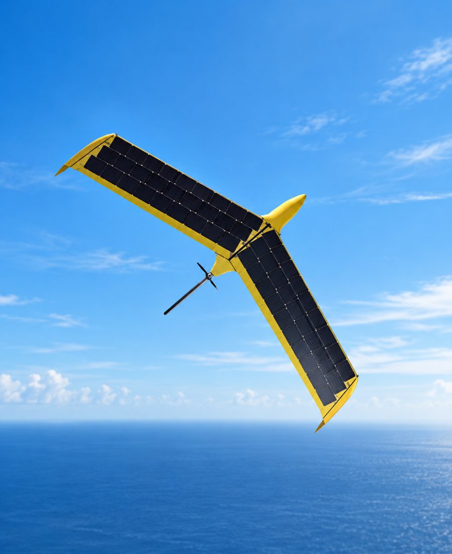 Solar-powered fixed-wing drone over the sea
