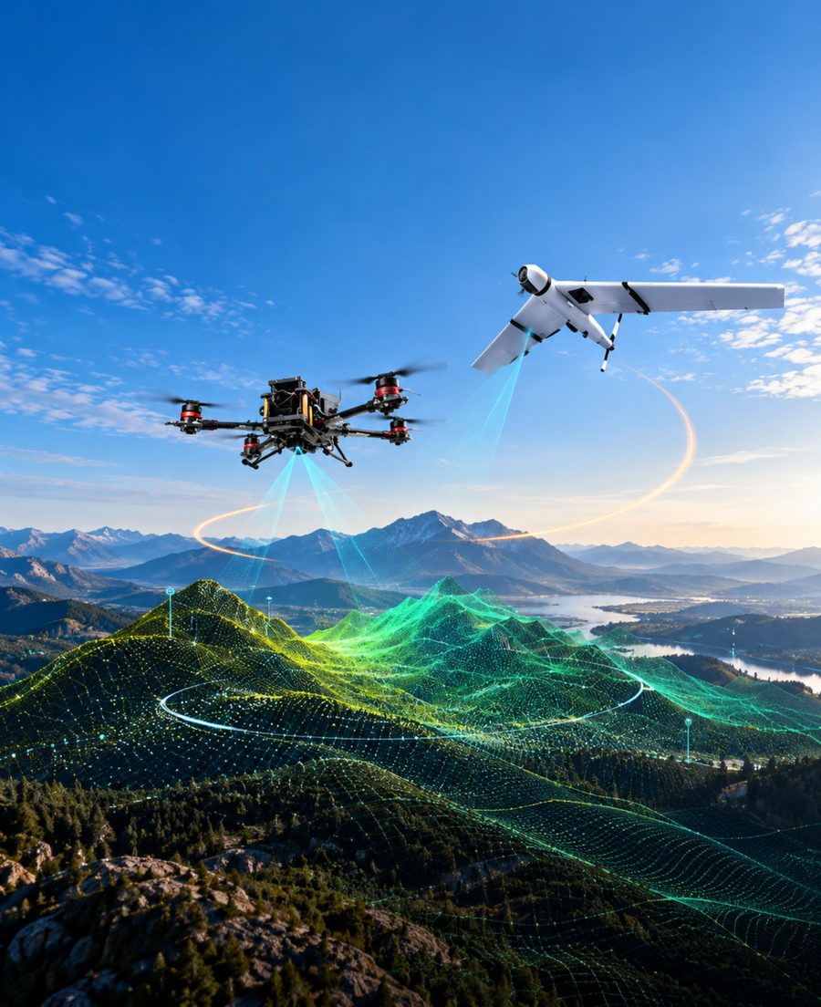 Multirotor and fixed-wing UAVs navigating terrain autonomously