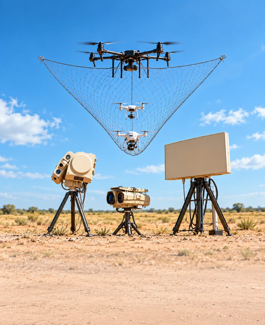 Thyreon radar, EO/IR tracker and net interceptor drones