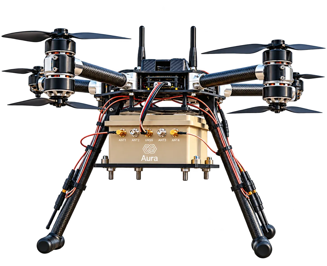Drone carrying the Aura anti-jamming unit