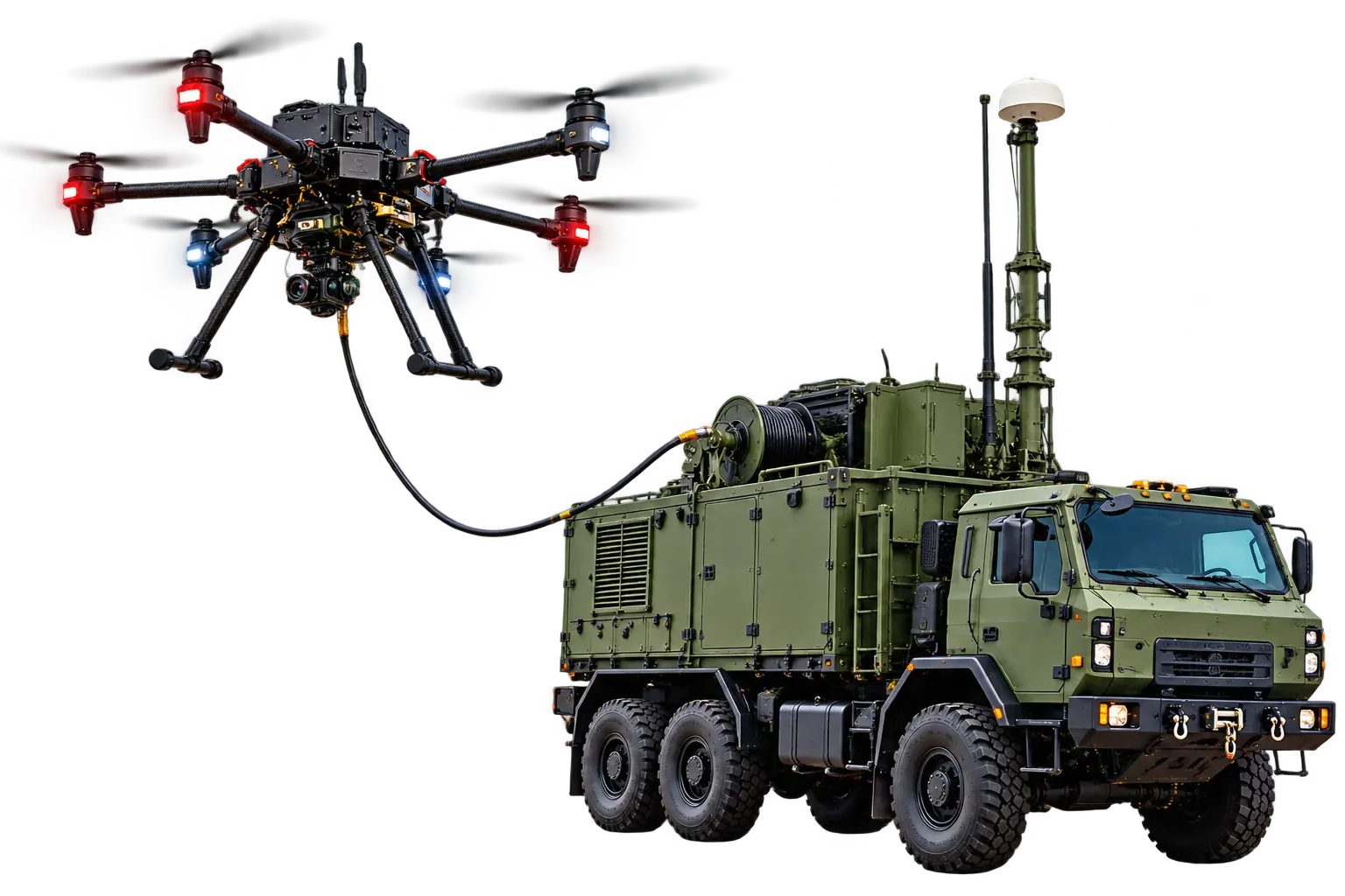 Tethered drone flying above its military vehicle, cable running to the truck-mounted winch