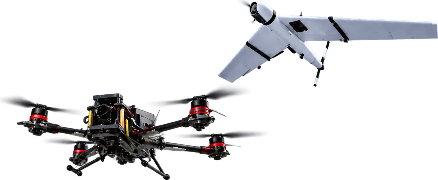 Multirotor and fixed-wing UAVs flown by OptiPilot