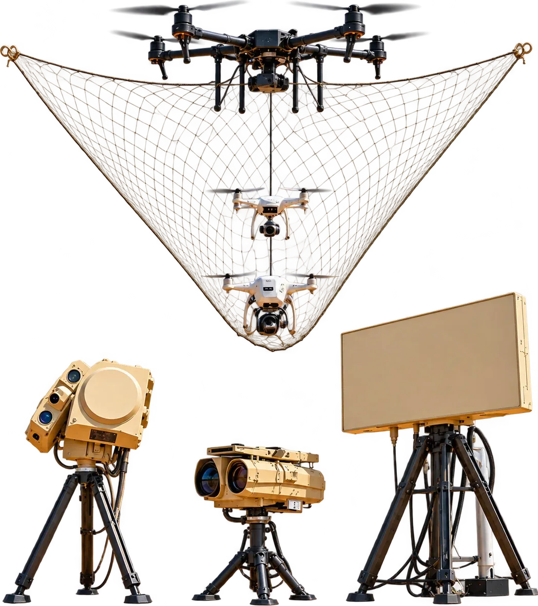 Thyreon counter-UAS radar, EO/IR tracker and net-interceptor drones
